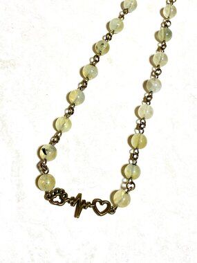 Yellow Green Prehnite Short Necklace,Gemstone & Bronze Paw Print Heart Beat